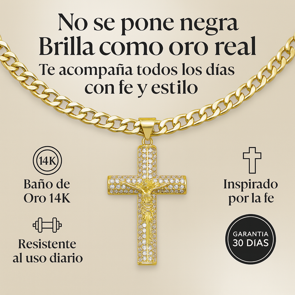 🔥 Cadena Cubana Fígaro con Cruz de Jesús – Oro Laminado 14K (60 cm)