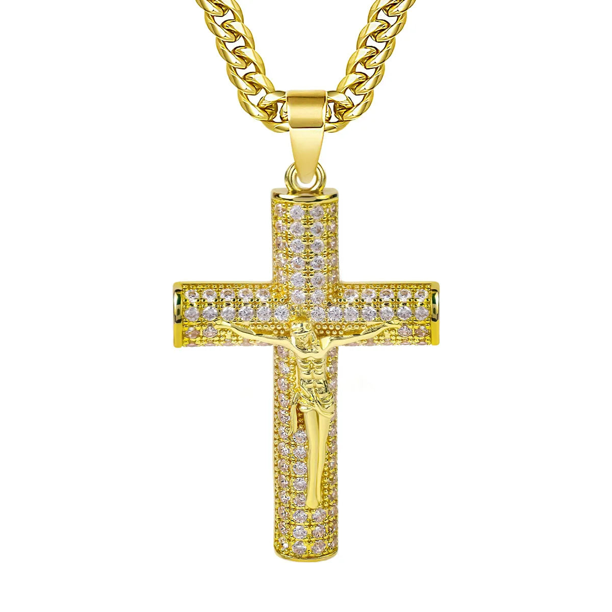 🔥 Cadena Cubana Fígaro con Cruz de Jesús – Oro Laminado 14K (60 cm)