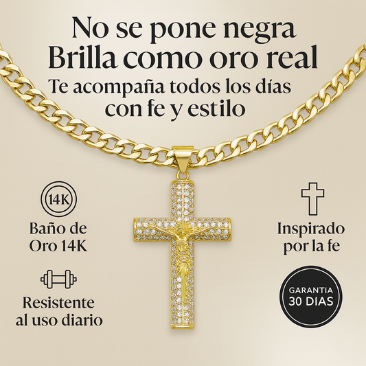 🔥 Cadena Cubana Fígaro con Cruz de Jesús – Oro Laminado 14K (60 cm)