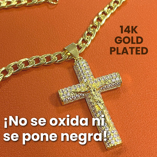 🔥 Cadena Cubana Fígaro con Cruz de Jesús – Oro Laminado 14K (60 cm)